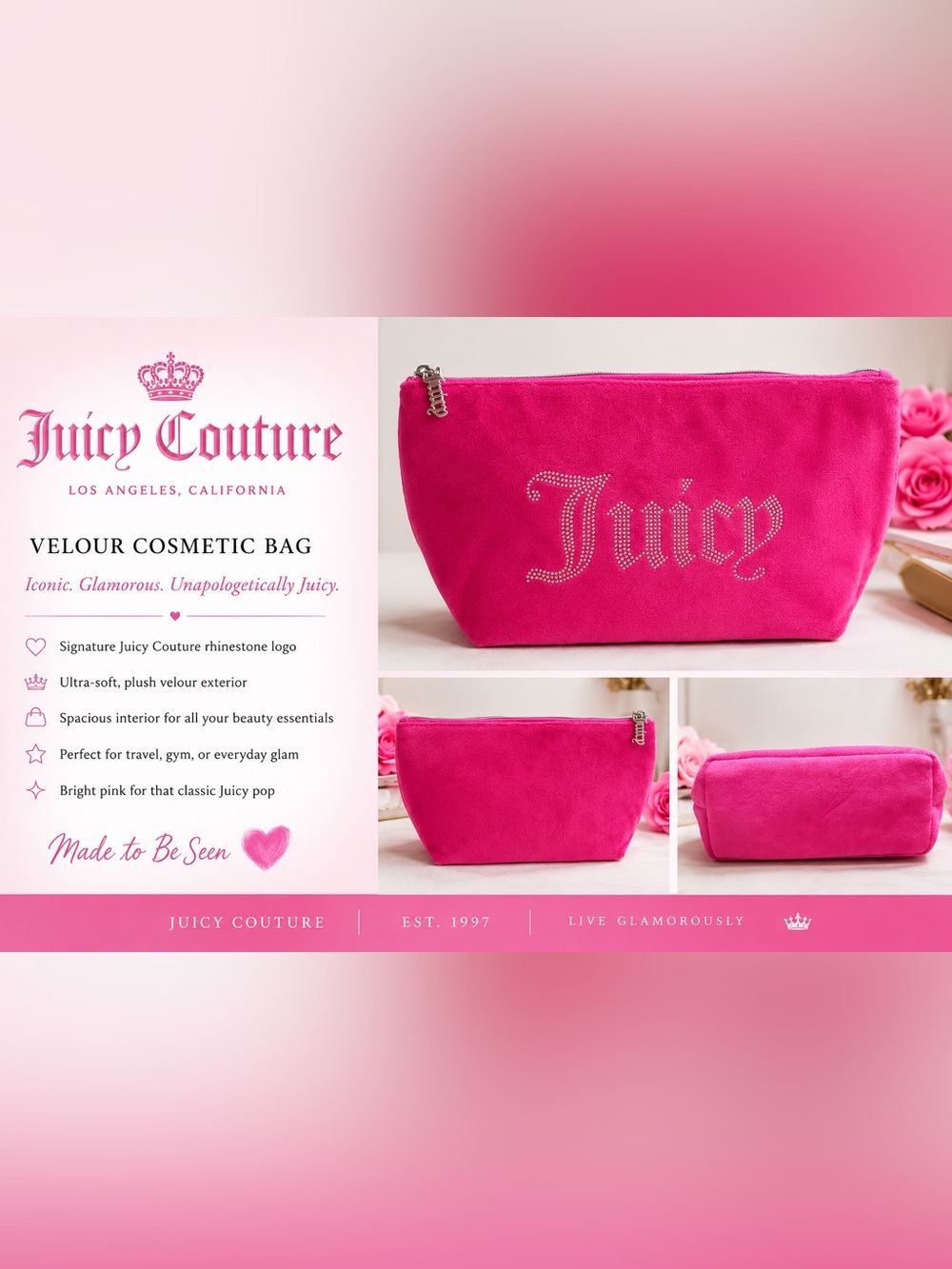💖 Juicy Couture Pink Velour Cosmetic Makeup Bag Rhinestone Logo 💖 - Picture 3 of 3